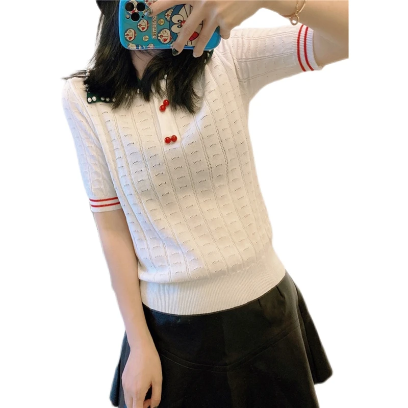 

JuiceSnow 2021 New Women Summer Pearl Collar Knit T-Shirt Cherry Button Lapel Contrast Color All-Match Beaded Slimming Lady Top