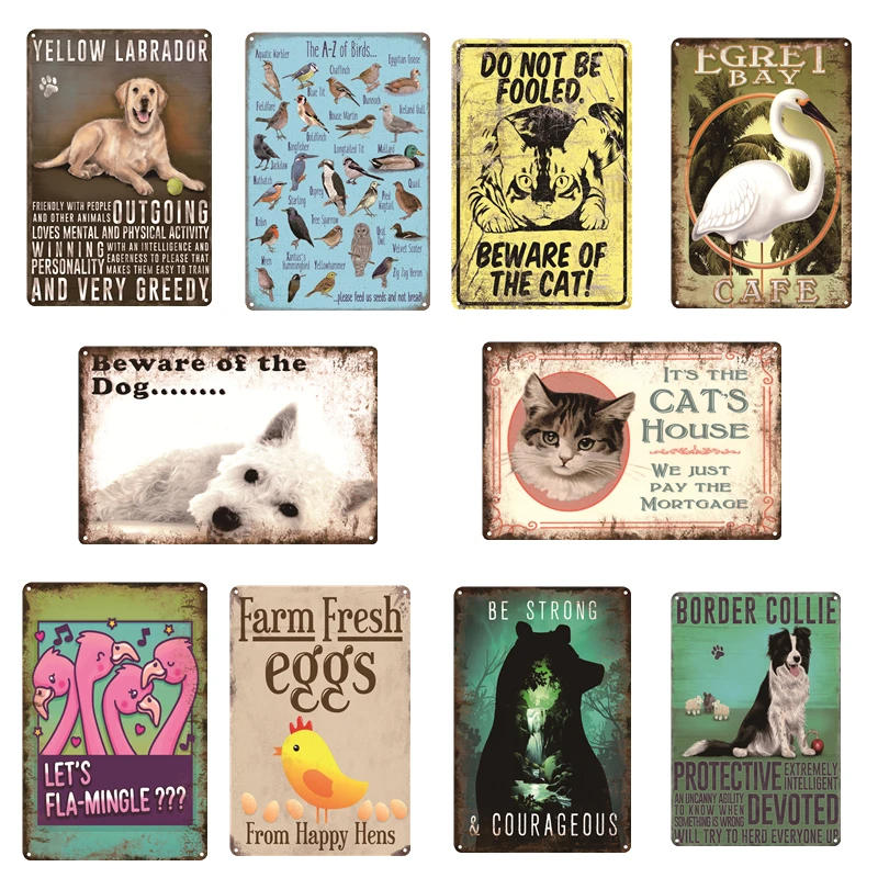 Собака кошка курица слон птица винтажные животные металлические жестяные знаки