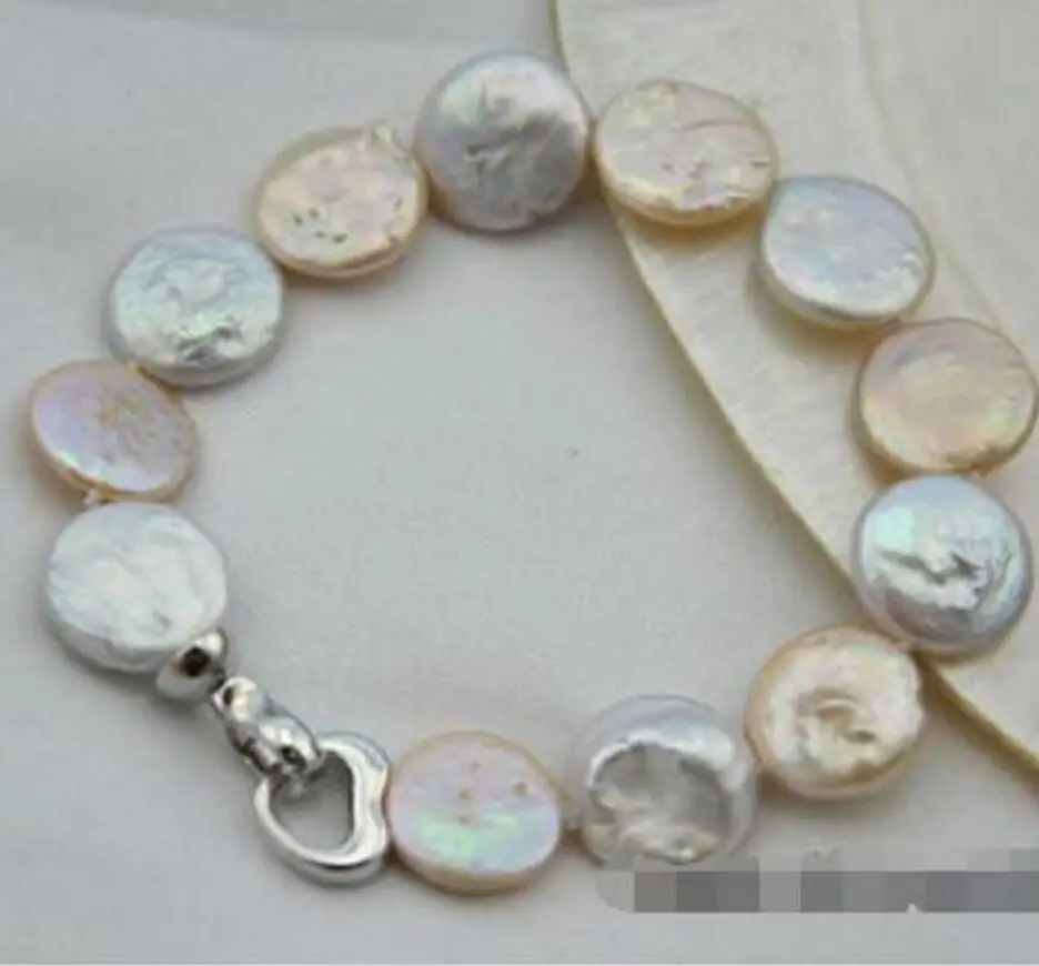 

new hot 8" 15mm coin white pink freshwater pearl bracelet