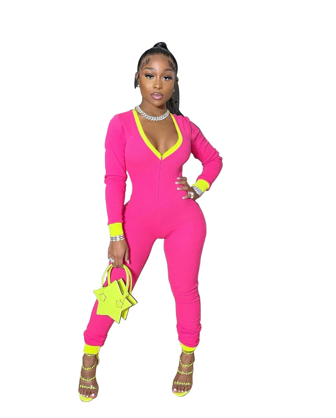 

Plus Size Jumpsuit Bodycon High Street V-Neck Zipper Sexy Patchwork Thermal Slim Body Long Sleeve Color Rompers Street Wear