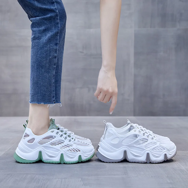 

Fashion Summer Sneakers Breathable Women Shoes 5cm High Casual Student Female Shoes Cross-tied Mesh Round Toe zapatos de mujer