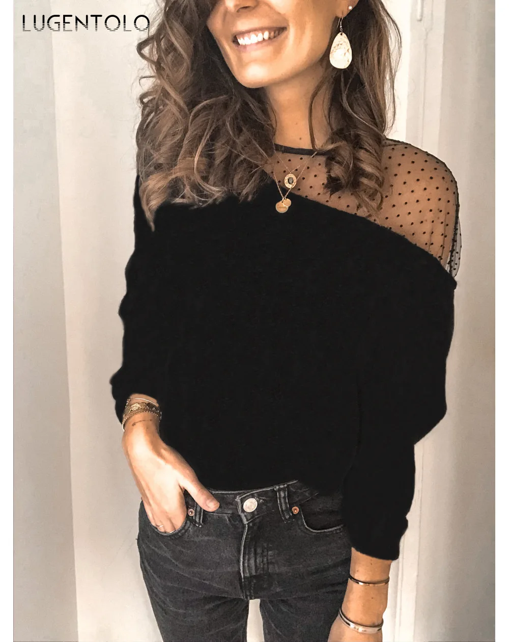 

Women Sexy Blouse Long Sleeve Slim Tops Simple Mesh Gauze Solid Large Size Shirt Female Elegant Loose O-neck Blouses Lugentolo