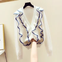 hook flower knitted cardigan women autumn winter long sleeve ruffled v neck cropped sweaters female casual short jumper top