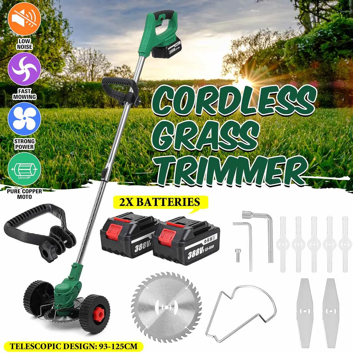 15000mAh Cordless Electric Grass Trimmer Double Wheel Adjustable  Lawn Mower Garden Pruning Cutter Tool + 2PCS Makita Battery