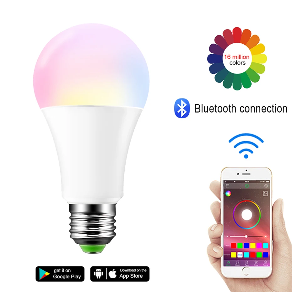 

Лампа с регулируемой яркостью E27, 15 Вт, RGB-подсветка, светодиодсветильник лампа, музыка, голосовое управление, Bluetooth-лампы, работает с веселсв...