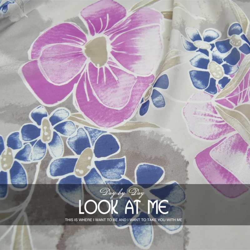 Silk Chiffon Fabric Dress Big Purple Flower 100% Real  Spring Summer Thin Dress Scarf Cloth  DIY patchwork