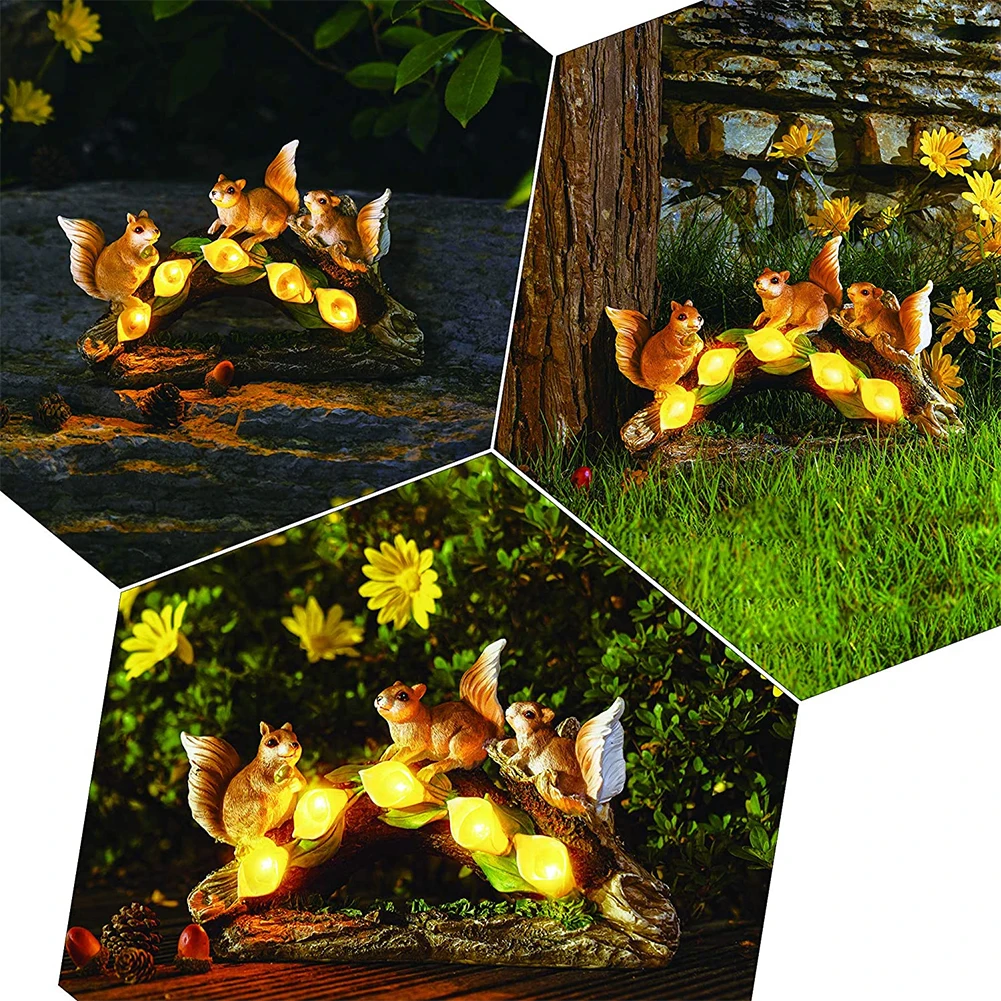 

Home Garden Art Gift Solar Powered Desk Patio Indoor Outdoor Bedroom Waterproof Squirrel Figurine Resin Backyard Lawn Statue