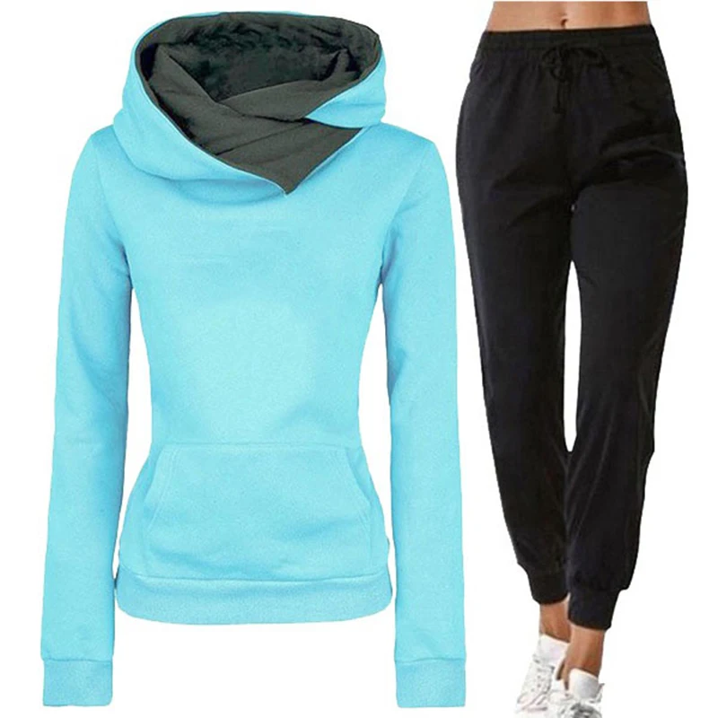 

Women Tracksuit Pullovers Hoodies and Black Pants Autumn Winter Suit Female Solid Color Casual Full Length Trousers Outfits 2021