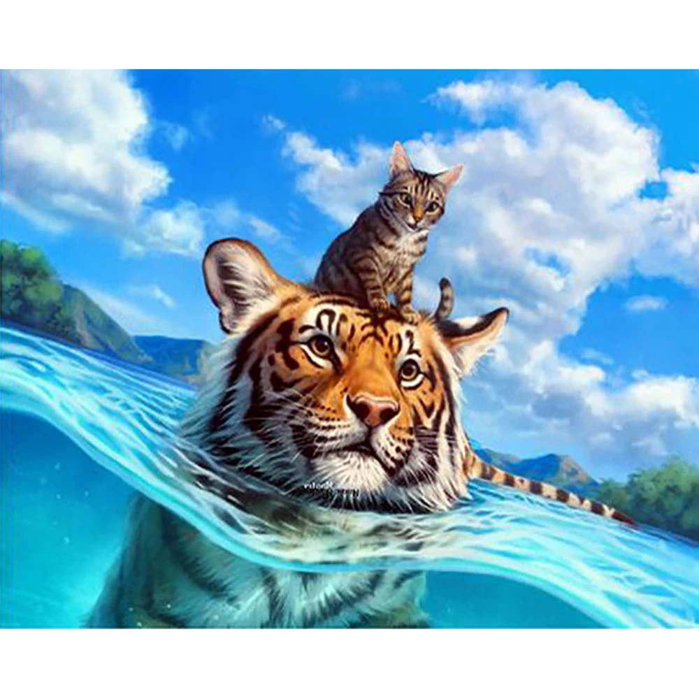 

DIY Diamond Painting Tiger And Cat Full Drill Round Diamond Embroidery Picture Rhinestone Diamond Mosaic Cartoon Home Decor