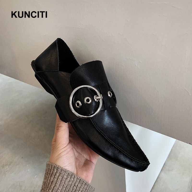 Black Г., дышащая обувь KUNCITI женская обувь из мягкой натуральной кожи на плоской подошве с пряжкой женские лоферы с шипами в европейском стиле высокого качества, F035 - Цвет: Black