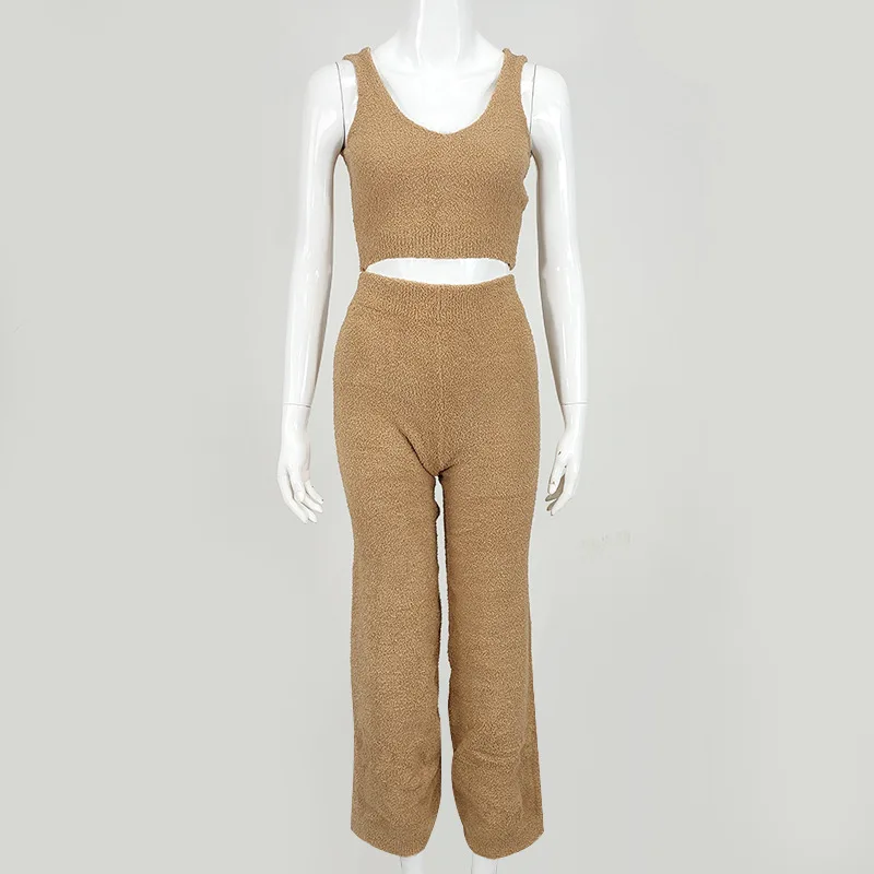 

Women Fur Two Piece V-Neck Outfits Sexy Backless Crop Tops Women Outfits Matching Sets Tops and High Waist Pants Party Clubwear