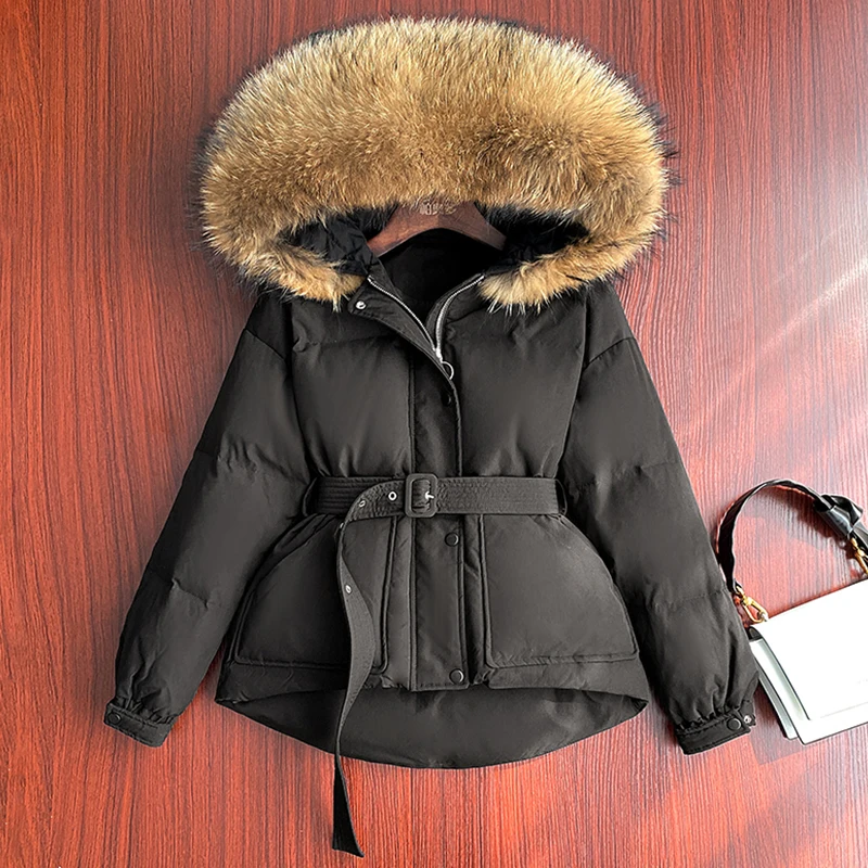 Fitaylor Winter Large Natural Real Fur Collar Hooded Feather Jacket Women Slim Warm Down Coat Thickening Short Outwear with Belt | Женская