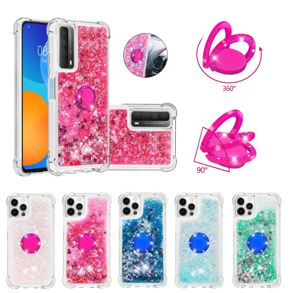 

Liquid Quicksand Case for Huawei P Smart 2021 P40 Lite P20 P30 Mate 30 20 Clear Back Cover with Ring Holder Stand Fundas