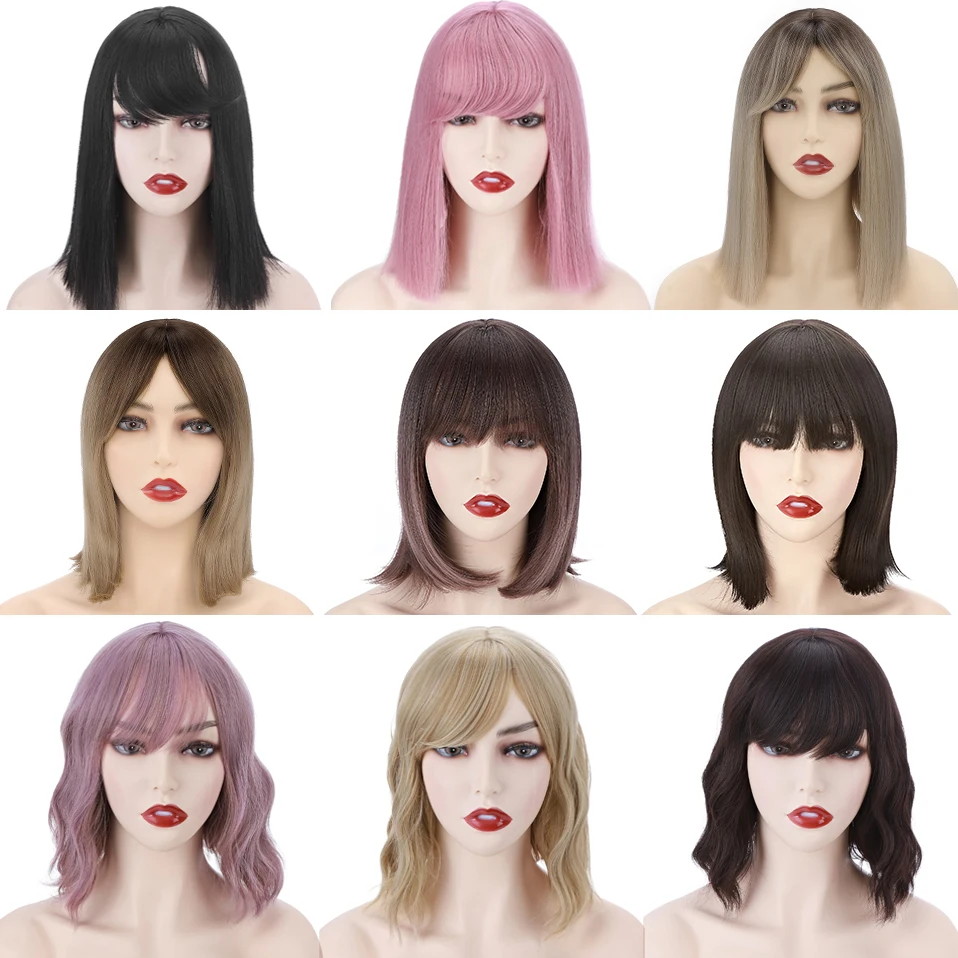 

S-noilite Pink Purple Wavy Short Bob Wigs 12-14inch Synthetic Hair Wigs With Bangs Shoulder Length Cosplay Wig For Women Anime