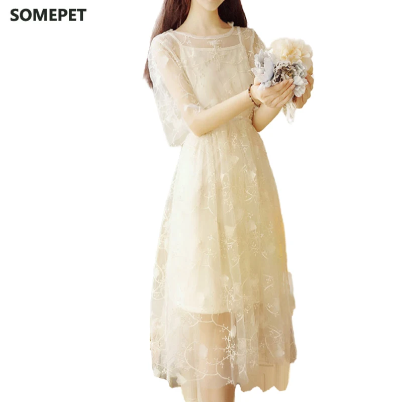 

Spring and summer super fairy fairy long dress elegant short-sleeved pure color O-neck applique elegant and sweet fairy dress