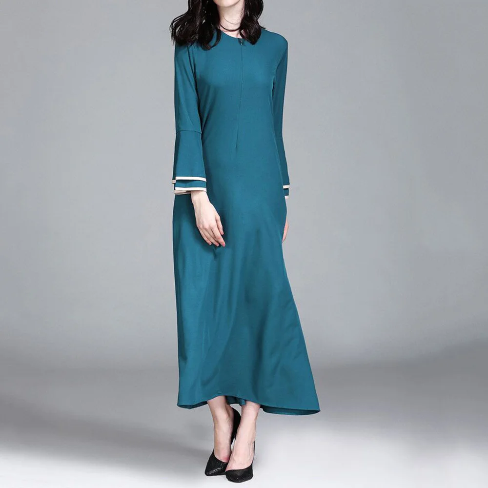 Abaya Jilbab мусульманское платье макси Однотонное голубое длинное платье-Кафтан