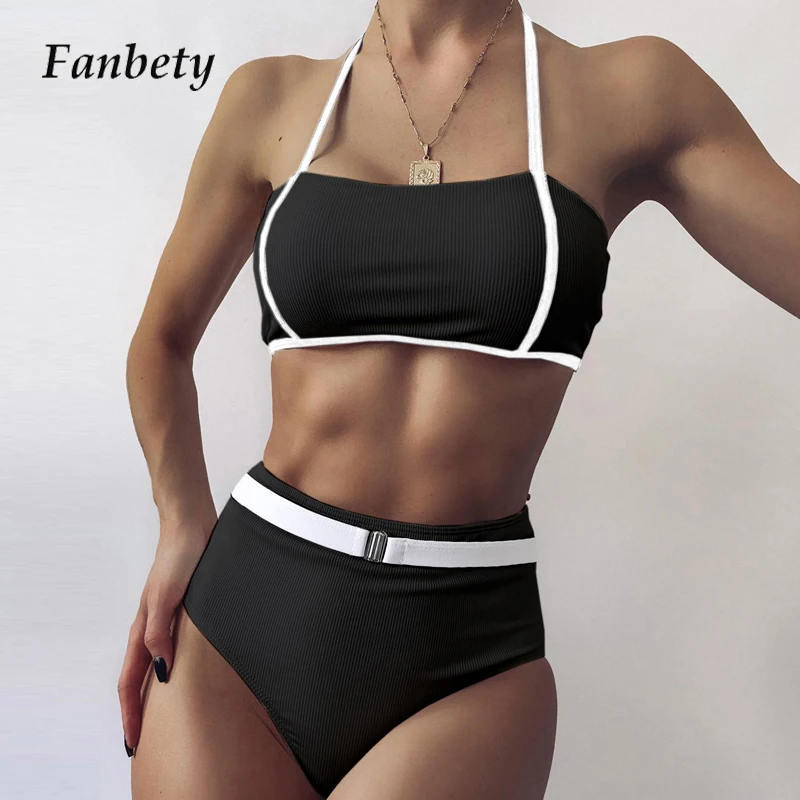 

Black White Patchwork Buckle Bikini 2021 Swimsuit Female High Waist Swimwear Women sexy Two-piece Bikini Set Bather Bathing Suit