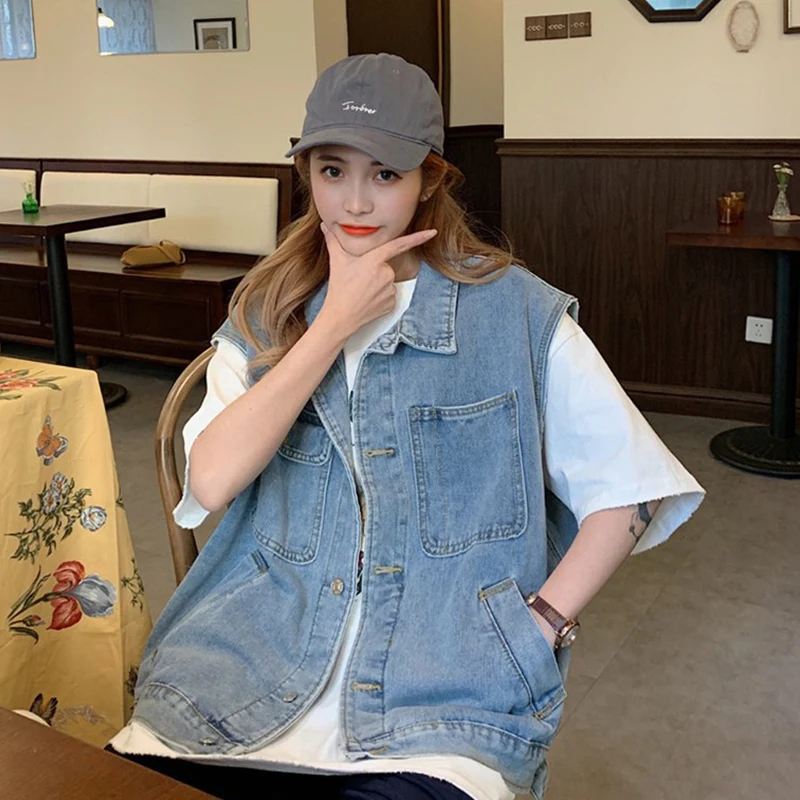 

Witsnoep Loose Denim Vest Waistcoat Women 2021 Spring Autumn Korean Style Chic School Student Cute Sleeveless Jacket Coat Women