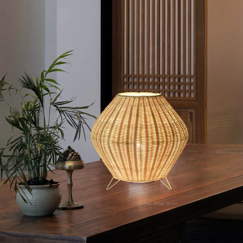 Китайская ретро-настольная лампа ручной работы из ротанга светильник для