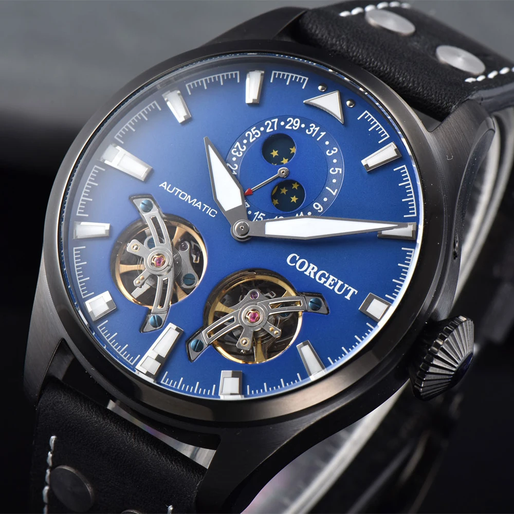 Corgeut 46MM Mens Hollow Tourbillon blue dial sapphire leather steel black case Automatic moon phase calendar mechanical watch | Наручные