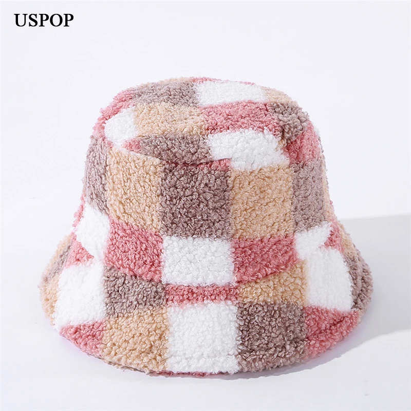 

USPOP New Bucket Hats Patchwork Color Blocking Plaid Bucket Hat Winter thick Warm Lamb Hair Velvet Hats
