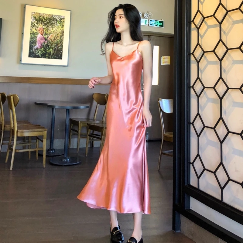 

Women's V neck sleeveless Summer Long Sexy Spaghetti strap Sheath Dress