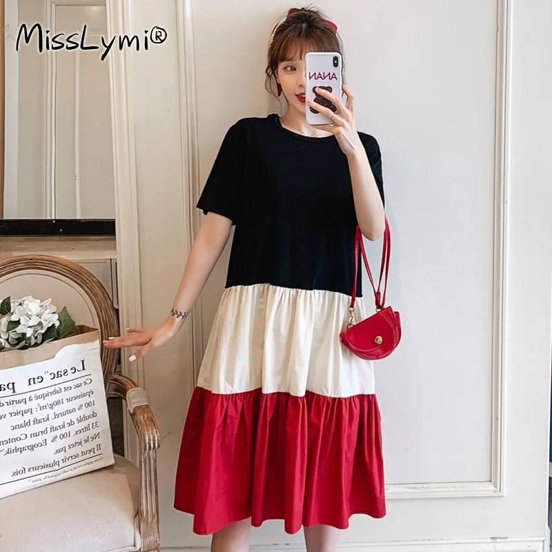 

Женское Хлопковое платье-футболка с оборками, повседневное свободное черное платье большого размера с коротким рукавом в Корейском стиле, ...