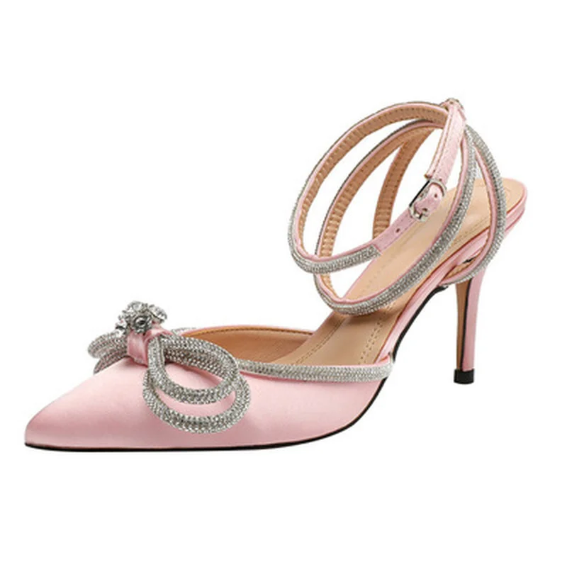 

Rimocy Shining Crystal Bowknot Pointed Toe Pumps Women Sexy Stiletto High Heels Wedding Shoes Woman Ankle Strap Summer Sandals