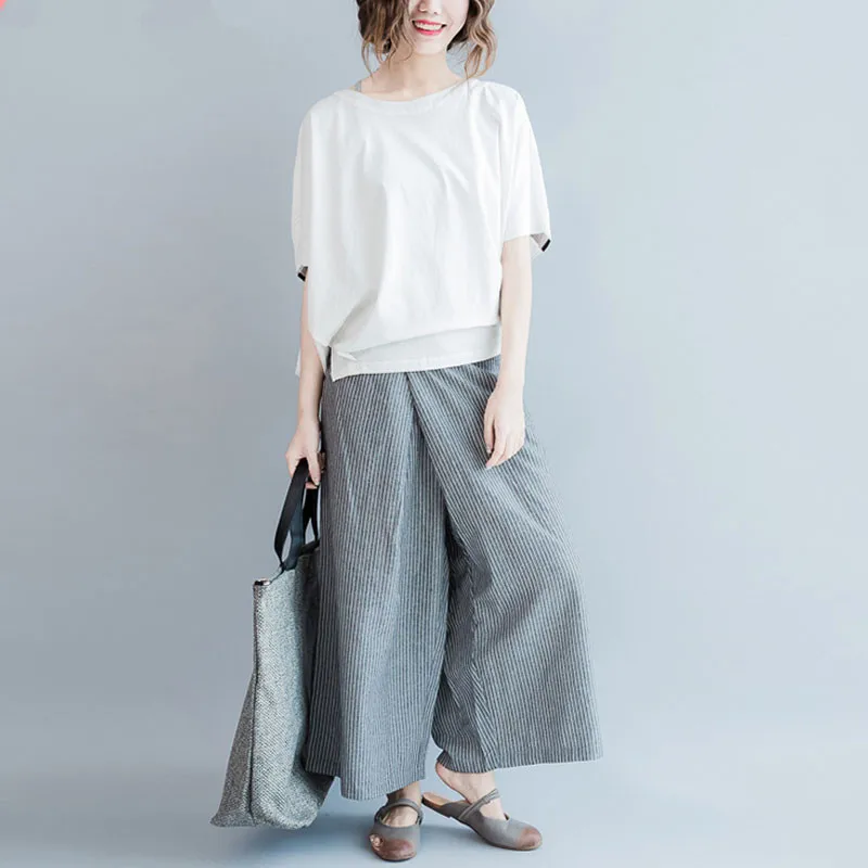 Новинка женские расклешенные штаны шаровары размера плюс широкие в полоску