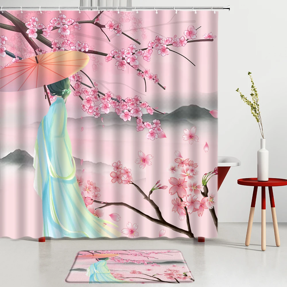 

Chinese Landscape Painting Shower Curtain Set Peach Blossom Hanfu Women Pink Pattern Bath Mat Bath Screen Room Decoration Rug