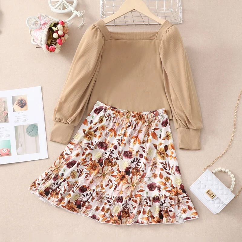 Girls Outfits Kids Clothes Girls 2 Pcs Sets Solid Long Sleeve Tops+flower Print Skirt Boho Children Clothes Spring Fall 5-10Y