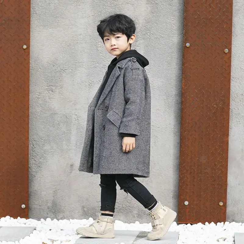 

Boys Woolen Coats Fleece Jackets Outwear 2021 Grey Thicken Warm Plus Velvet Winter Autumn Cotton Teenagers Children's Clothing