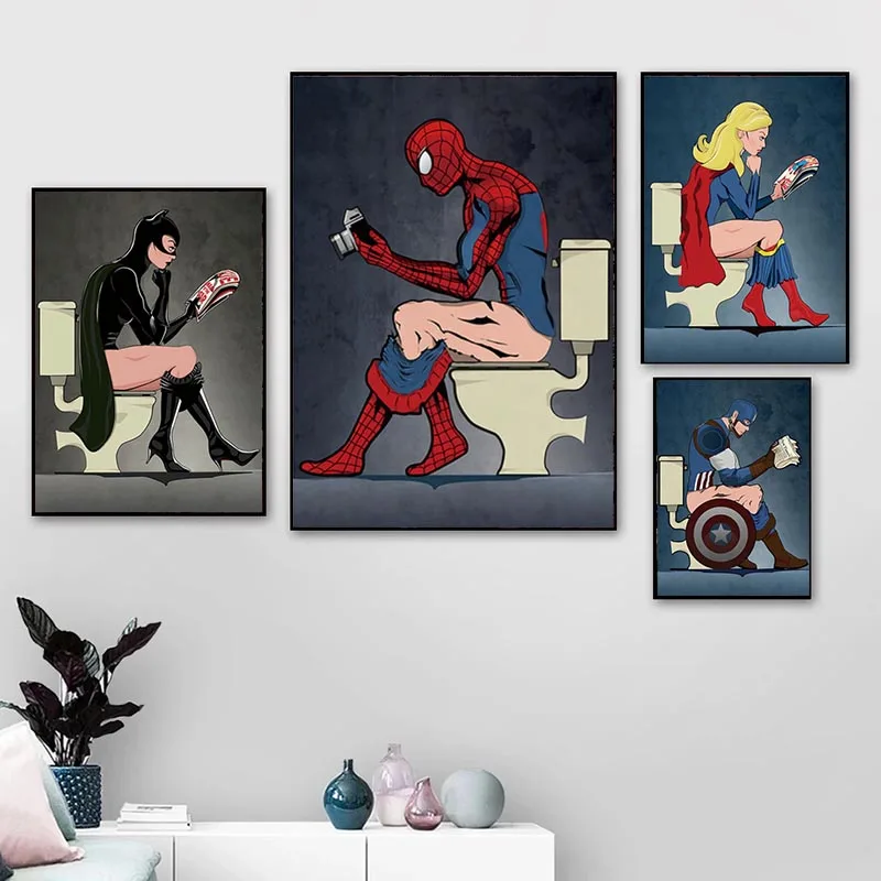 

Marvel Superhero Character Read Magazine In The Toilet Painting Cartoon Canvas Posters Prints Bathroom Decor Wall Art Picture