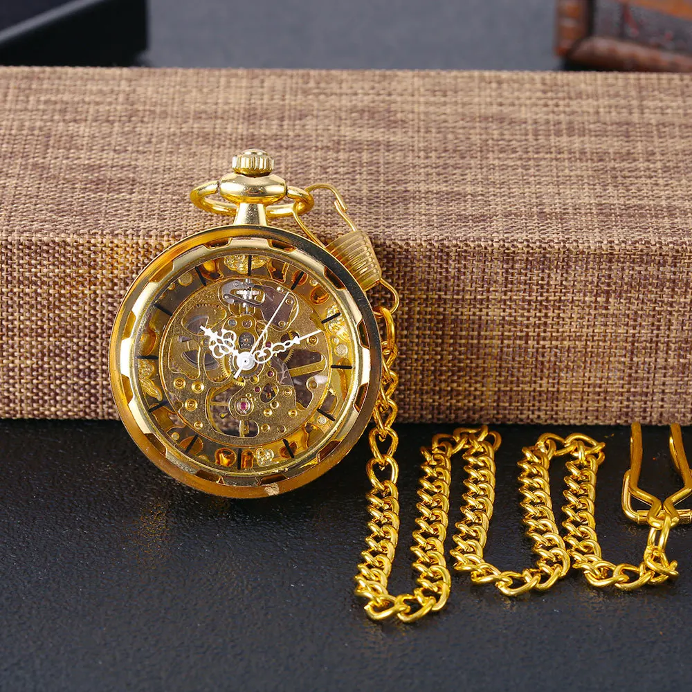 Large Mechanical Pocket Watch High Quality Golden Mskeleton Watch Wheels Design Stylish Luxury Pocket Watch Dropship