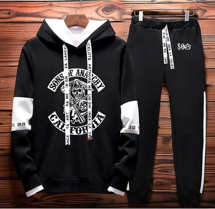 

New White SOA Sons of anarchy child Skull Printed Hoodies Men Casual Hoodies Pants Sporting suit Fleece Warm Thick sportwear