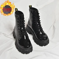 punk style platform women ankle boots fashion ladies lace up chunky shoes black patent leather shoes womens motorcycle boots