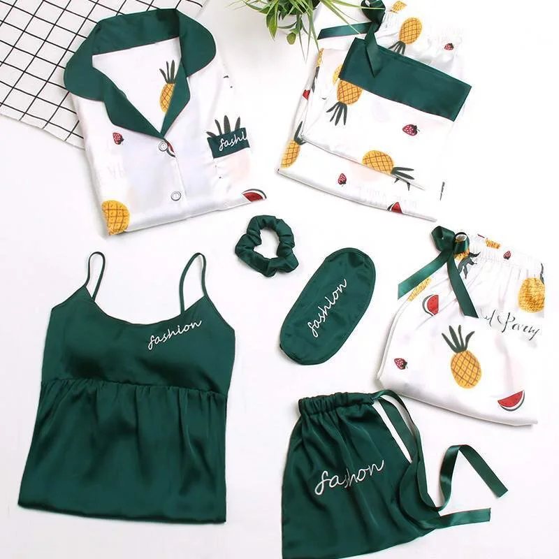 Пижамный костюм с длинным рукавом комплект из семи предметов ледяного шелка для