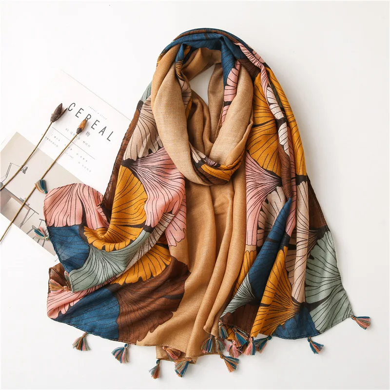 

fashion print summer ladies cotton scarf maple leaf headscarf shawl and shawl women wrinkle Echarpe pashmina winter shawl