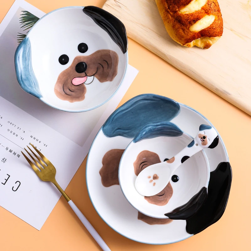 Керамические чаши наборы милый мультфильм Забавный Хаски шаблон ложка тарелки