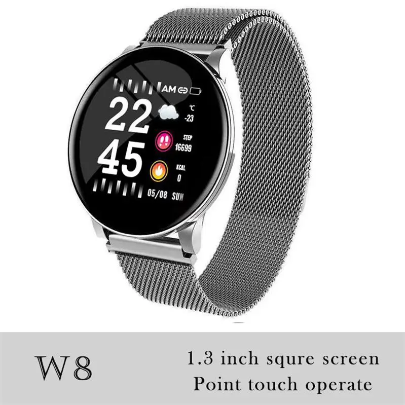 W8 Silver steel 696 K9-WF, полный педометр с сенсорным управлением, Смарт-часы, фитнес-трекер, монитор сердечного ритма, кровяное давление, Смарт-часы, смарт-браслет - Цвет: W8 Silver steel