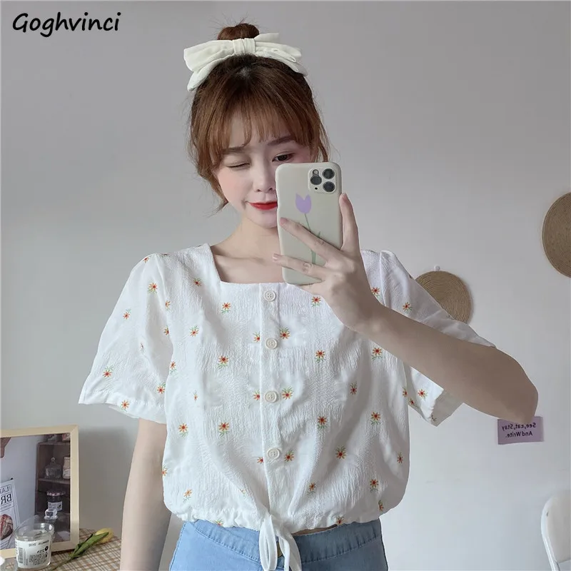 Women Blouses Square-collar Summer Lace-up Printed Daisy Sweet Girls Tops Shirts Korean Style Chic Casual Stylish Simple Elegant