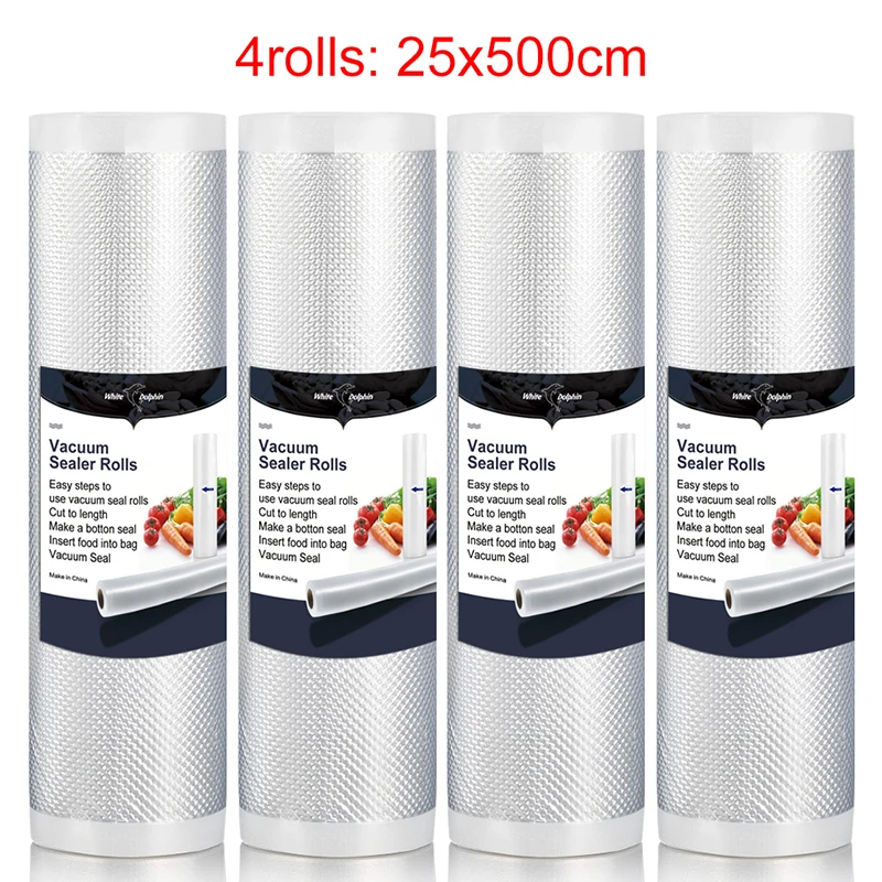 4Rolls 25x500cm Белый дельфин 4 рулона вакуумные пакеты для упаковка для хранения продуктов бытовой лучший пищевой вакуумный упаковщик рулонов 12 15 20 25x500 см - Цвет: 4Rolls 25x500cm