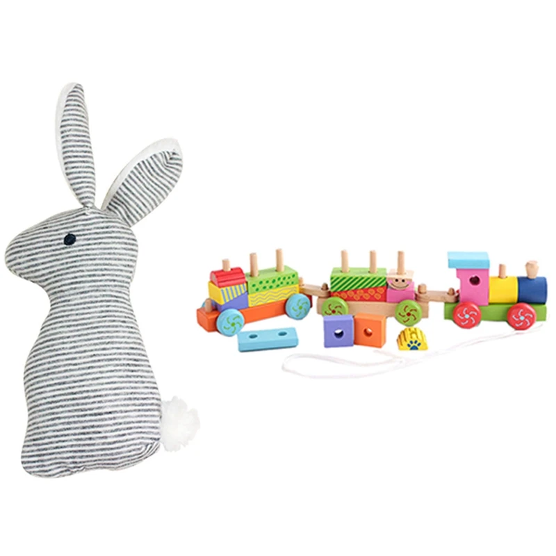 

21cm Rabbit Baby Toys Plush with Baby Toys Toys Trailer Small Wooden Train Vehicle Blocks Geometry Colour