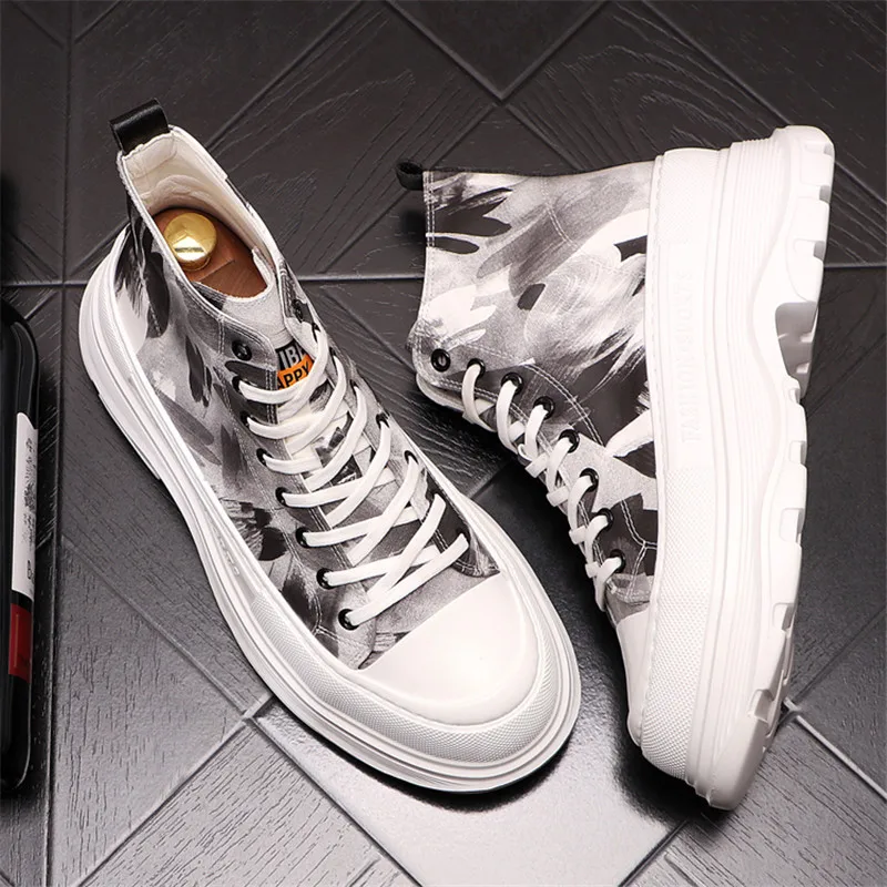 Harga Atasan Tinggi Pria Gambar Cetak Warna Campuran Sneakers Kulit Sepatu Bot Pergelangan Kaki Sepatu Platform Bawah Tebal Hip Hop Kasual Zapatillas Hombre