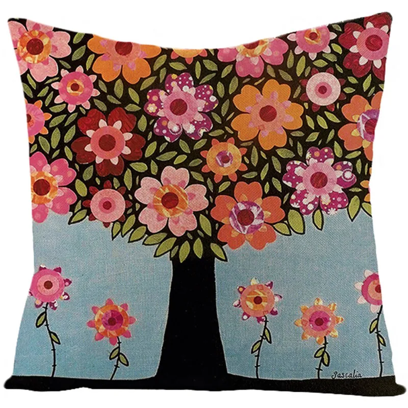 

Nanacoba Linen Floral Plant Print Cushion Cover Flowers and Tall Trees Throw Pillows Covers Square 45X45cm Home Decor Pillowcase