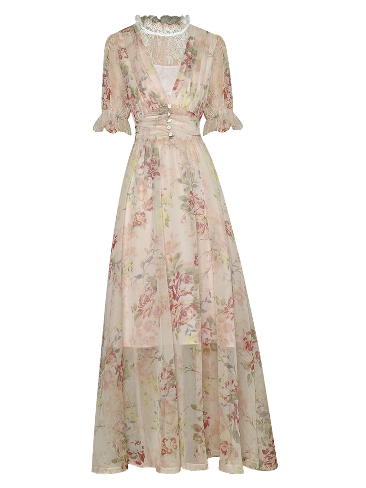 

Женское шифоновое платье с цветочным принтом, модельное дизайнерское кружевное платье с воротником-стойкой и коротким рукавом, 2021