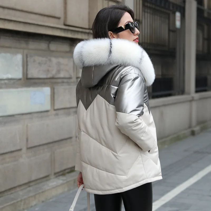 

Jacket Women Winter Genuine Sheepskin Hooded Big Fox Fur Collar White Duck Down Coat Leather Jackets ZM-2077