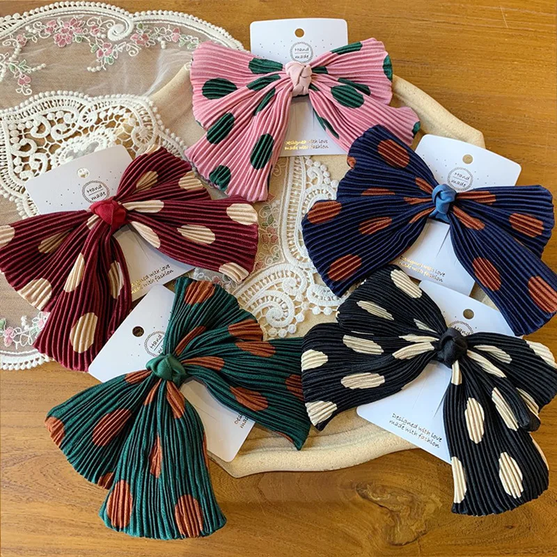 

Handmade Spring Summer Satin Big Bow Hairpin For Women Girls Headwear Horizontal clip Sweet hair Accessories Dot Design
