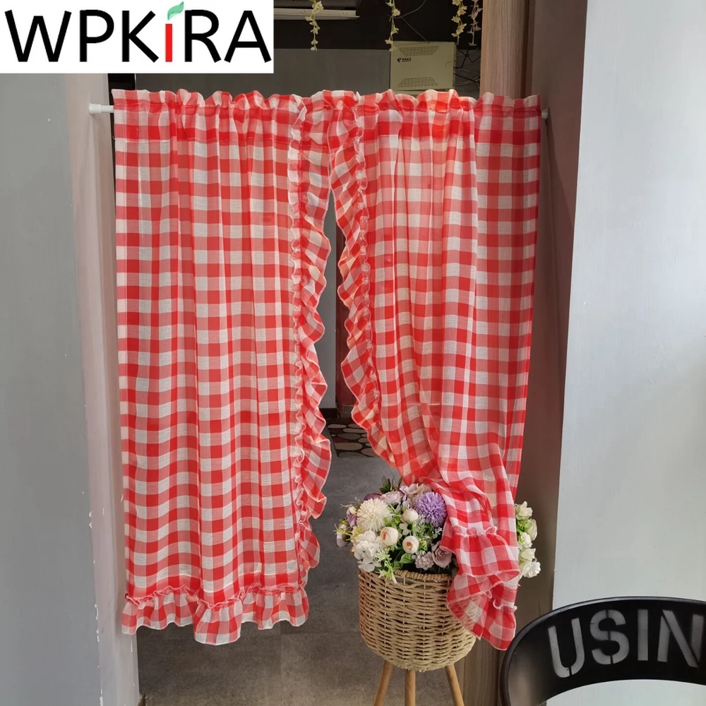 

1 PCS Rod Pocket Classic Red Plaid Ruffle Short Curtain Sheer Voile For Kitchen Girls Bedroom Small Window Coffee Half-curtain