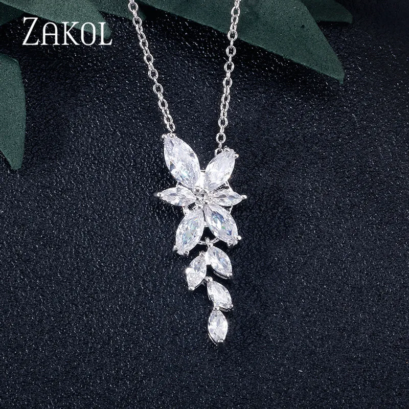 White Necklace ZAKOL, модные, листовой циркон, висячие серьги для женщин, белое золото, цвет кристалл, свадебные серьги, свадебные ювелирные изделия, подарок brinco FSEP167A - Окраска металла: White Necklace